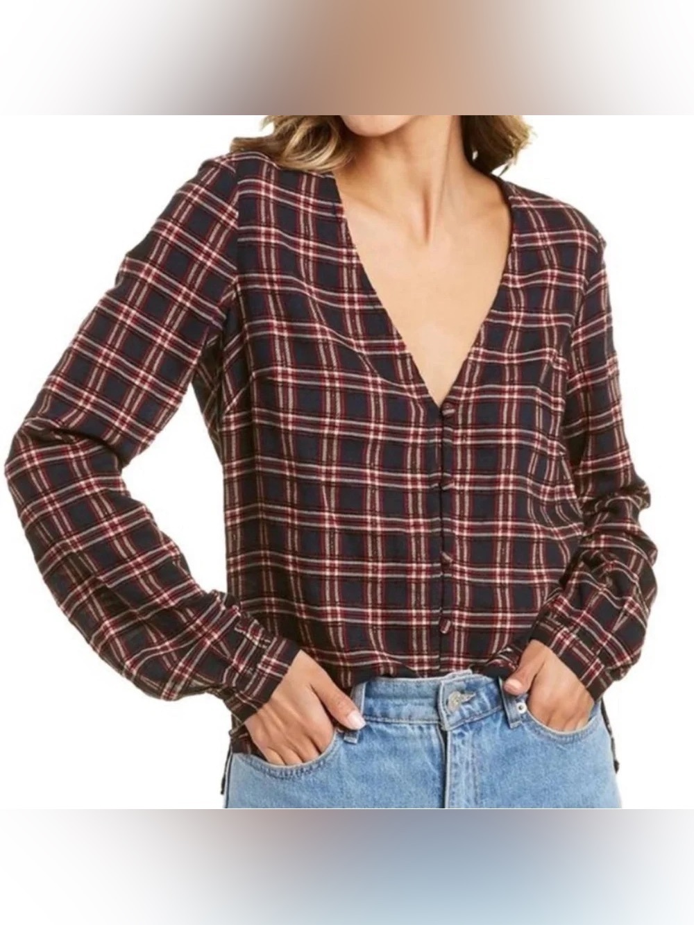 Veronica Beard Navy and Red PeggyPlaid flannel Button-Down Shirt NWT Women’s Sz